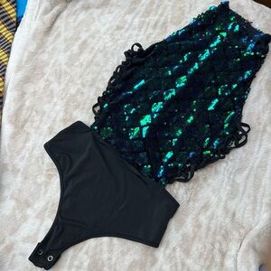 PrettyLittleThing Black One-Piece Swimsuit with Green and Blue Sequins size 0